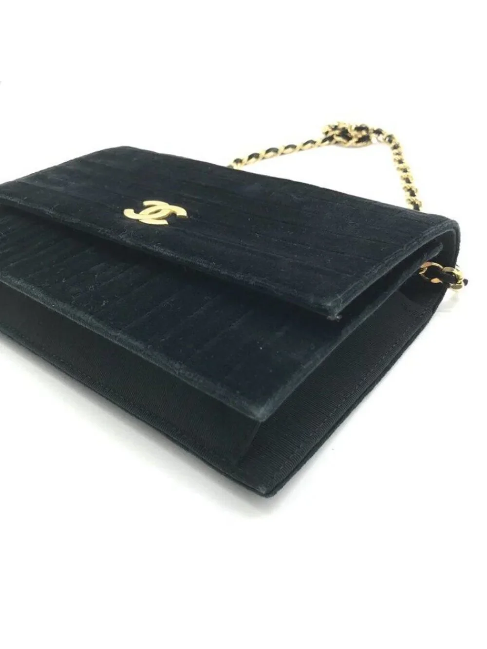 Chanel CC Logo Velour Velvet Mademoiselle Chain Shoulder Bag Black